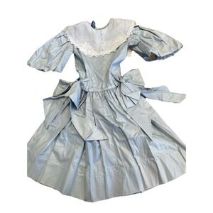 VTG Party Dress 80s Easter Blue Prairie Lace Victorian Bow Bib Collar 5 NEW FLAW
